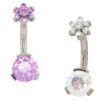 3 Prong-Set Faceted Gem Navel Curve With Flower Top