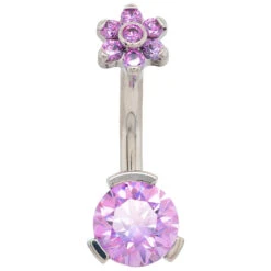 3 Prong-Set Faceted Gem Navel Curve With Flower Top -Starfire – Body Jewelry 40002 IndustrialStrength3Prong SetFacetedGemNavelCurvewithFlowerTopFPUCZ FancyPurple2