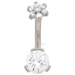 3 Prong-Set Faceted Gem Navel Curve With Flower Top -Starfire – Body Jewelry 40002 IndustrialStrength3Prong SetFacetedGemNavelCurvewithFlowerTopWCZ White2