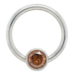 Captive Bead Ring (CBR) With Bezel-set Brilliant-Cut Gem - 16 Ga. 3/8" -Starfire – Body Jewelry 40015 AnatometalCaptiveBeadRingwithBezel setBrilliant CutGem 16ga.3.8Single3.16BR Brown
