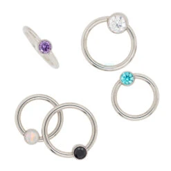 Captive Bead Ring (CBR) With Bezel-set Brilliant-Cut Gem - 16 Ga. 3/8" -Starfire – Body Jewelry 40015 AnatometalCaptiveBeadRingwithBezel setBrilliant CutGem AsstGroup