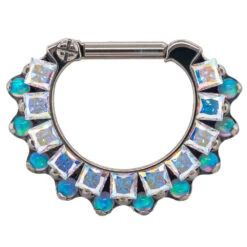 "Aphrodite" Clicker #35 With Faceted Gems & Opals - 1/4" Post -Starfire – Body Jewelry 40057 IndustrialStrength IS AphroditeClicker35CZ Opal 16ga.1.4postSingle5.16ABCZwithSB1