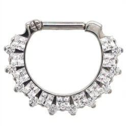 "Dione" Clicker #36 With Princess-Cut & Round Faceted Gems - 16 Ga. - 1/4" Post -Starfire – Body Jewelry 40074 IndustrialStrengthDioneClickerno.36Princess CutandRoundFacetedGem 16ga.1.4postSingle3.8WCZ1