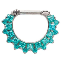 "Dione" Clicker #36 With Princess-Cut & Round Faceted Gems - 16 Ga. - 1/4" Post -Starfire – Body Jewelry 40074 IndustrialStrengthDioneClickerno.36Princess CutandRoundFacetedGem 16ga.1.4postSingle5.16MGCZ1