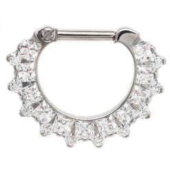 "Dione" Clicker #36 With Princess-Cut & Round Faceted Gems - 16 Ga. - 1/4" Post -Starfire – Body Jewelry 40074 IndustrialStrengthDioneClickerno.36Princess CutandRoundFacetedGem 16ga.1.4postSingle5.16WCZ1