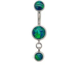 Bezel-Set Opal Navel Curve With Dangle #1 -Starfire – Body Jewelry 40085 Industrial Strength Bezel Set Opal Navel Curve with Dangle 1 Single BKO 1