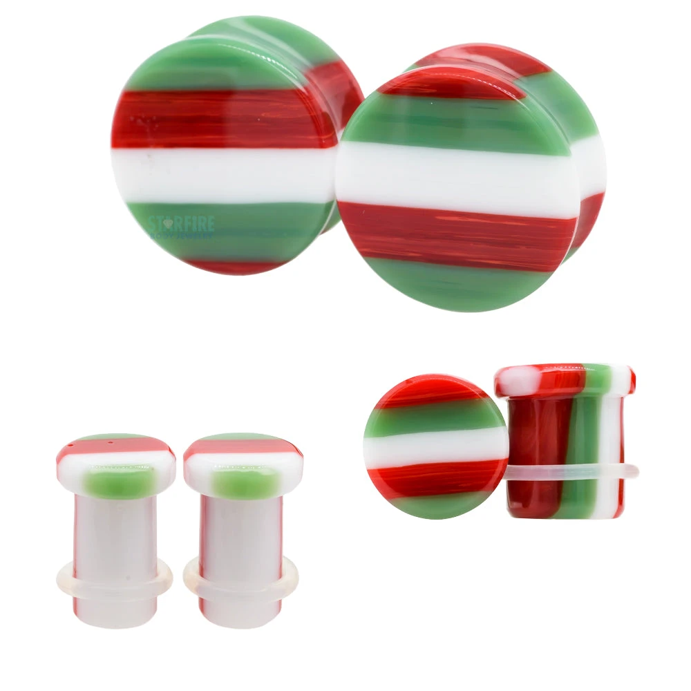 Glass Linear Plugs - CHRISTMAS: Green, Red & White 3 Glass Linear Plugs - CHRISTMAS: Green, Red & White
