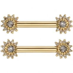 "Rose Bell" Forward Facing Nipple Barbells In Gold With Grey Diamonds