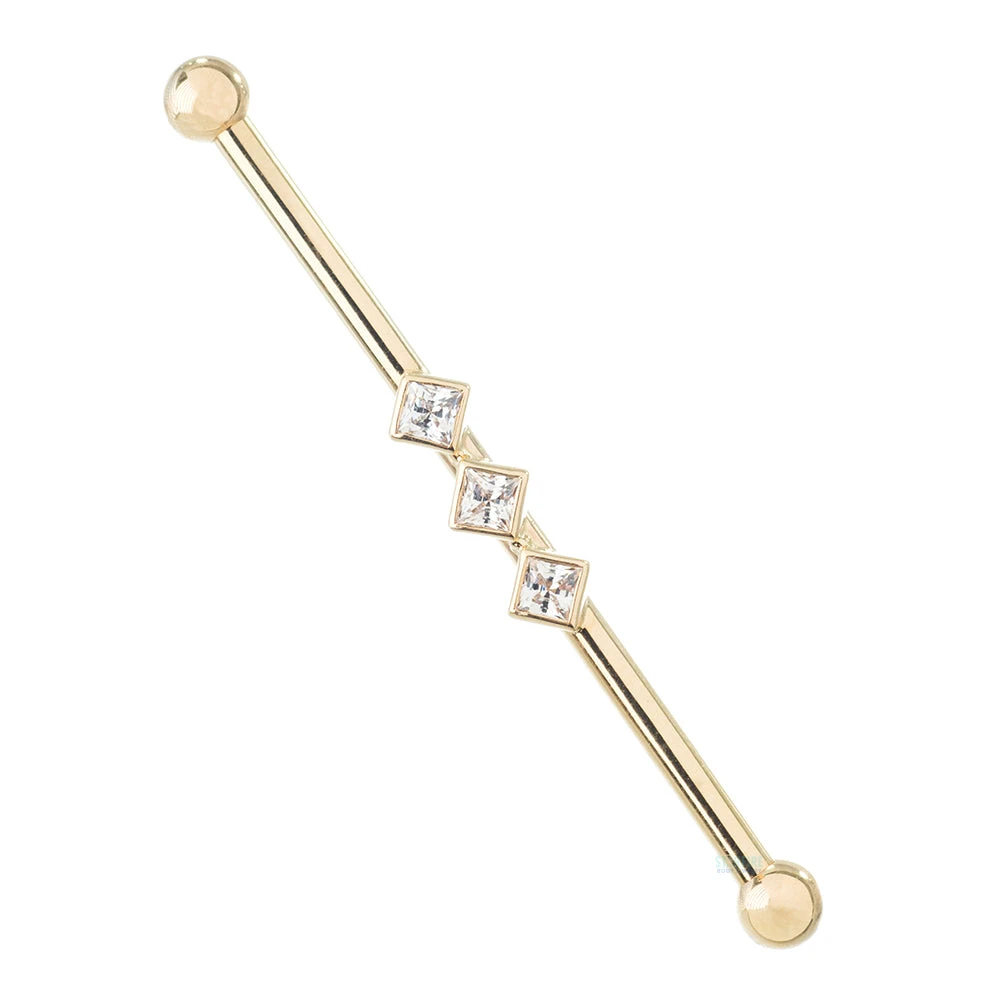 "Jenna" Industrial Barbell In Gold With 2mm Princess-Cut White CZ's 3 "Jenna" Industrial Barbell In Gold With 2mm Princess-Cut White CZ's