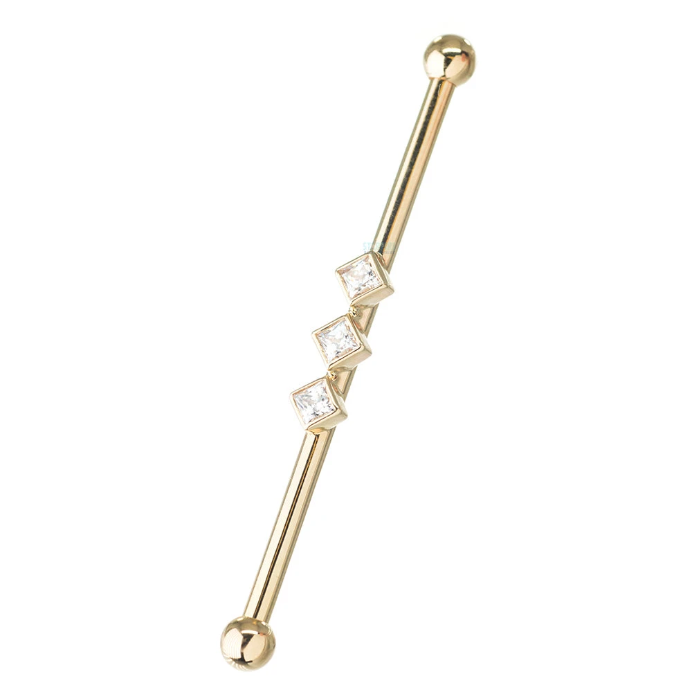 "Jenna" Industrial Barbell In Gold With 2mm Princess-Cut White CZ's 4 "Jenna" Industrial Barbell In Gold With 2mm Princess-Cut White CZ's - Image 2