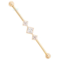 "Jenna" Industrial Barbell In Gold With In-Line Princess-Cut White CZ's