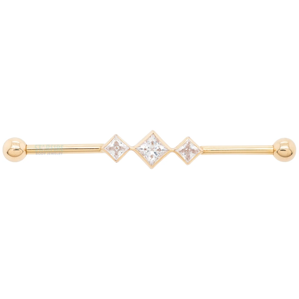 "Jenna" Industrial Barbell In Gold With In-Line Princess-Cut White CZ's 5 "Jenna" Industrial Barbell In Gold With In-Line Princess-Cut White CZ's - Image 3