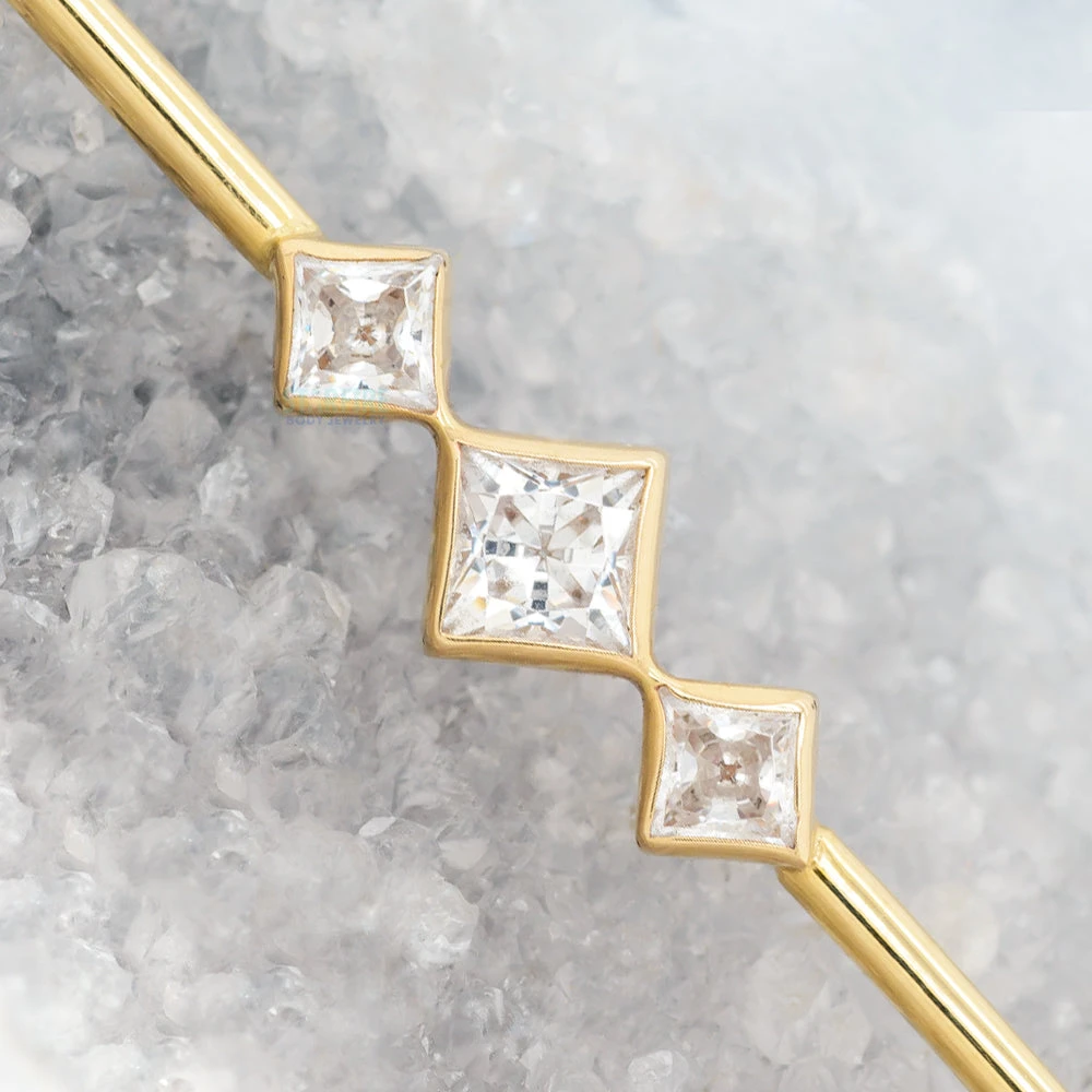 "Jenna" Industrial Barbell In Gold With In-Line Princess-Cut White CZ's 4 "Jenna" Industrial Barbell In Gold With In-Line Princess-Cut White CZ's - Image 2