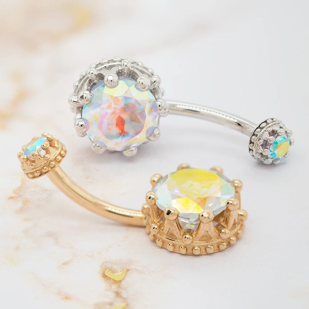 Crown Prong Navel Curve In Gold With Mercury Mist Topaz' 4 Crown Prong Navel Curve In Gold With Mercury Mist Topaz' - Image 2