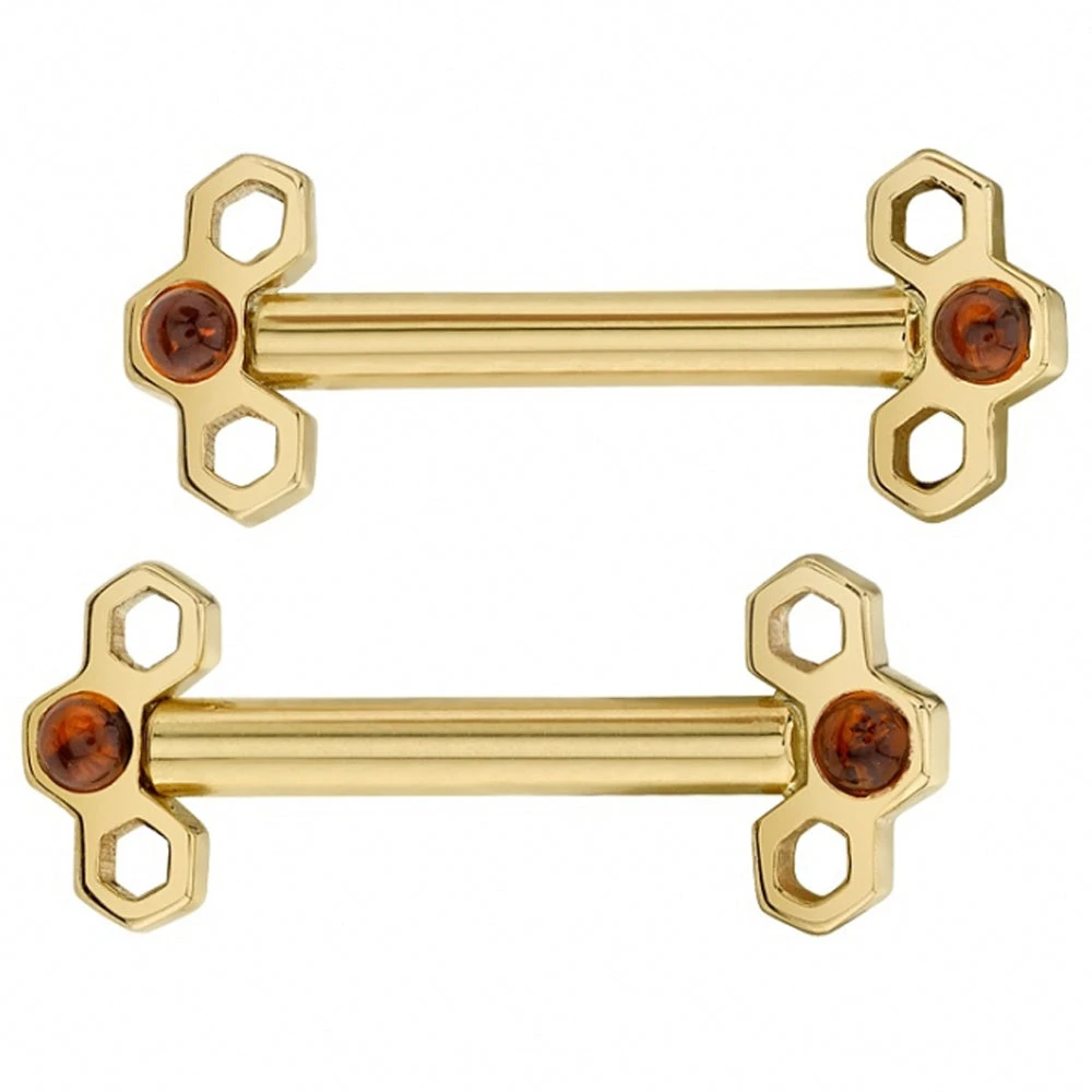 Honeycomb Forward Facing Nipple Barbells In Gold With Citrine Cabochons 4 Honeycomb Forward Facing Nipple Barbells In Gold With Citrine Cabochons - Image 2