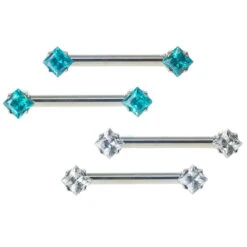 Threadless: Princess-Cut Brilliant-Cut Gems Side-Set Nipple Barbells In Prong's - 5/8" - Pair