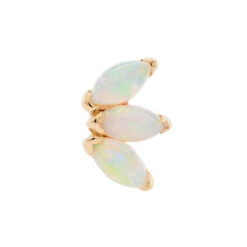 Triple Marquise Fan Threaded End In Gold With Genuine White Opals -Starfire – Body Jewelry 40444 BodyVisionBVLATripleMarquiseFaninGoldwithGenuineWhiteOpalonflatbackSingleSmallYellowGold2 5cdeb7d3 ad79 4f71 b87b 5526081c0e37