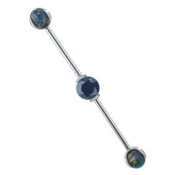 Round Faceted Gem Industrial Barbell With Opal Balls In Prong's -Starfire – Body Jewelry 40454 IndustrialStrengthRoundCZGemmedIndustrialBarbellwithOpalBallProngs 11.2BKCZwithBKO21