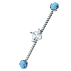 Princess-Cut Faceted Gem Industrial Barbell With Opal Balls In Prong's -Starfire – Body Jewelry 40455 IndustrialStrengthPrincess CutCZGemmedIndustrialBarbellwithOpalBallProngs 13.8WCZwithSB2