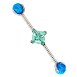 Princess-Cut Faceted Gem Industrial Barbell With Opal Balls In Prong's -Starfire – Body Jewelry 40455 Industrial Strength Princess Cut CZ Gemmed Industrial Barbell with Opal Ball Prongs FLGCZ with CP 1