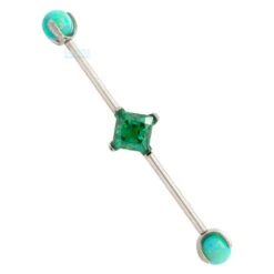 Princess-Cut Faceted Gem Industrial Barbell With Opal Balls In Prong's -Starfire – Body Jewelry 40455 Industrial Strength Princess Cut CZ Gemmed Industrial Barbell with Opal Ball Prongs GCZ with LG 1