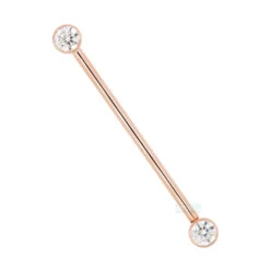 Forward Facing Industrial Barbell In Gold With White CZ's -Starfire – Body Jewelry 40514 BodyVision BVLAForwardFacingIndustrialBarbellinGoldwithWhiteCZSingleRoseGold11.44mm2