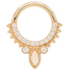 "Airelle" Hinge Ring / Clicker In Gold With Opal & CZ -Starfire – Body Jewelry 40595 BuddhaJewelryOrganicsAirelleHingeRingClickerinGoldwithOpal CZSingleYellowGold1 d62e47b4 49d6 4edf 94dc 22edf035f326