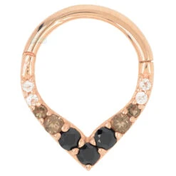 "Rise & Shine" Hinge Ring / Clicker In Gold With Ombre Smokey Quartz & Black Spinel