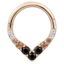 "Rise & Shine" Hinge Ring / Clicker In Gold With Ombre Smokey Quartz & Black Spinel -Starfire – Body Jewelry 40706 BuddhaJewelryOrganicsRise ShineHingeRing ClickerinGoldwithOmbreSmokeyQuartz BlackSpinelSingleRoseGold2VENDORPHOTO