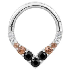 "Rise & Shine" Hinge Ring / Clicker In Gold With Ombre Smokey Quartz & Black Spinel -Starfire – Body Jewelry 40706 BuddhaJewelryOrganicsRise ShineHingeRing ClickerinGoldwithOmbreSmokeyQuartz BlackSpinelSingleWhiteGold2VENDORPHOTO