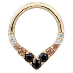 "Rise & Shine" Hinge Ring / Clicker In Gold With Ombre Smokey Quartz & Black Spinel -Starfire – Body Jewelry 40706 BuddhaJewelryOrganicsRise ShineHingeRing ClickerinGoldwithOmbreSmokeyQuartz BlackSpinelSingleYellowGold2VENDORPHOTO