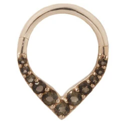 "Rise & Shine" Hinge Ring / Clicker In Gold With Smokey Quartz -Starfire – Body Jewelry 40706 BuddhaJewelryOrganicsRiseandShineHingeRingClickerinGoldwithSmokeyQuartzSingleRoseGold1VENDORPHOTO