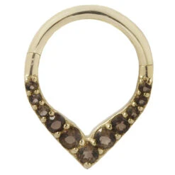 "Rise & Shine" Hinge Ring / Clicker In Gold With Smokey Quartz -Starfire – Body Jewelry 40706 BuddhaJewelryOrganicsRiseandShineHingeRingClickerinGoldwithSmokeyQuartzSingleYellowGold1VENDORPHOTO