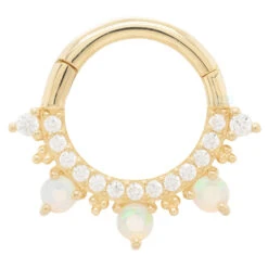 "Gigi" Hinge Ring / Clicker In Gold With Genuine Opals & White CZ's -Starfire – Body Jewelry 40745 BuddhaJewelryOrganicsGigiHingeRingClickerinGoldwithCZsSingleYellowGold1