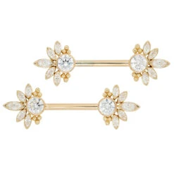 "Marceline" Side Set Faceted Gems Nipple Barbells In Gold - Pair -Starfire – Body Jewelry 40847 LeroiMarcelineSideSetFacetedGemsNippleBarbellsinGold pairSingleYellowGoldCZ WhiteCZ2