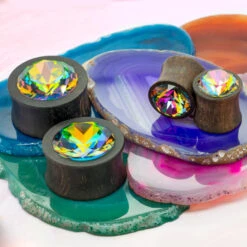 Round Swarovski Plugs In Wood - Vitrail -Starfire – Body Jewelry 41354 EsotericOrganicsRoundSwarovskiPlugsinWoodzfunkyVitrail2
