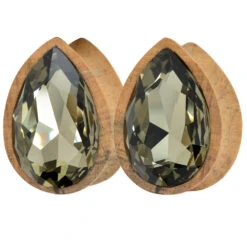 Teardrop Swarovski Plugs In Black & White Ebony Wood - Black Diamond