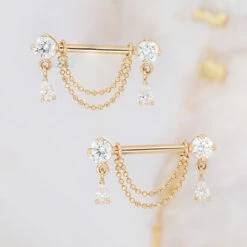 "Antoinette" Forward Facing Nipple Barbells With Chains In Gold With White CZ's