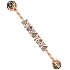 "Freyja" Industrial Barbell In Gold With Rainbow Moonstone, Labradorite & Pyrite