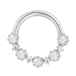 "Ariana" Hinge Ring / Clicker In Gold With Rainbow Moonstone & CZ's -Starfire – Body Jewelry 41942 Buddha Jewelry Organics Ariana Hinge Ring Clicker in Gold with Rainbow Moonstone CZs WG VENDOR PHOTO