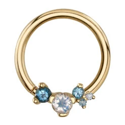 "Ripple" Seam Ring In Gold With Rainbow Moonstone, London Blue Topaz, Swiss Blue Topaz, Aquamarine & Diamond