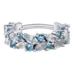 "Isabella" Hinge Ring In Gold With Faceted Rainbow Moonstone & Swiss Blue Topaz