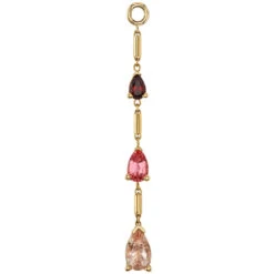 "Three Tears" Chain Charm In Gold With Garnet, Padparadscha Sapphire & Oregon Sunstone -Starfire – Body Jewelry 42715 BodyVision BVLAThreeTearsChainCharminGoldwithGarnet PadparadschaSapphire OregonSunstoneSingleYellowGoldVENDORPHOTO