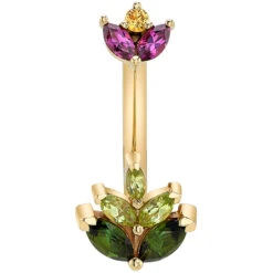 "Fauna" Navel J Curve In Gold With Rhodolite, Yellow Sapphire, Green Tourmaline & Peridot