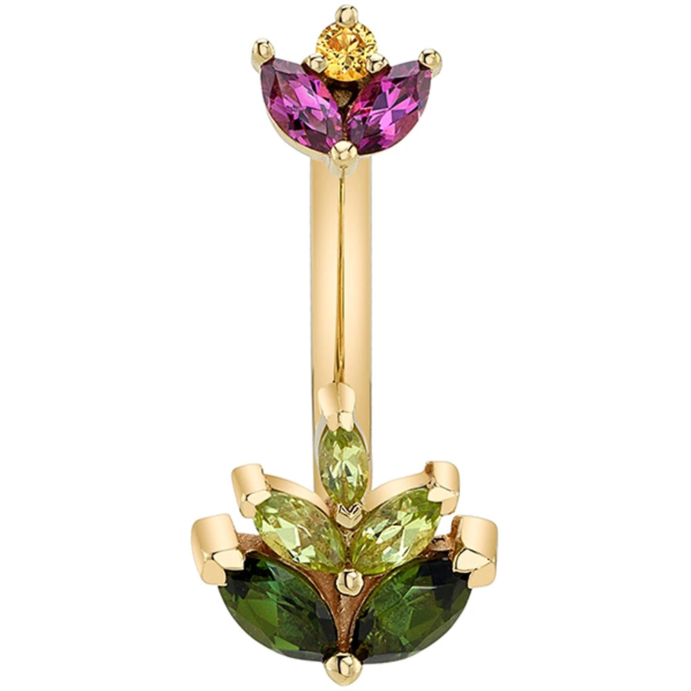 "Fauna" Navel J Curve In Gold With Rhodolite, Yellow Sapphire, Green Tourmaline & Peridot 3 "Fauna" Navel J Curve In Gold With Rhodolite, Yellow Sapphire, Green Tourmaline & Peridot
