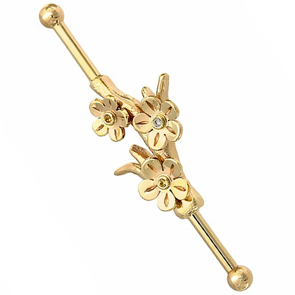 Cherry Blossom Branch Industrial Barbell In Gold With Yellow Sapphire & Diamond 3 Cherry Blossom Branch Industrial Barbell In Gold With Yellow Sapphire & Diamond
