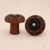 Double-Flared Wood Plugs - Flower With Turquoise (0 Ga.)