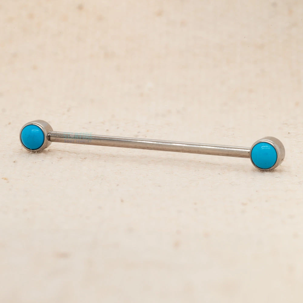 4mm Natural Stone Forward Facing Industrial Barbell In Bezel - TQ – Turquoise (14 Ga. 1 1/4") 3 4mm Natural Stone Forward Facing Industrial Barbell In Bezel - TQ – Turquoise (14 Ga. 1 1/4")
